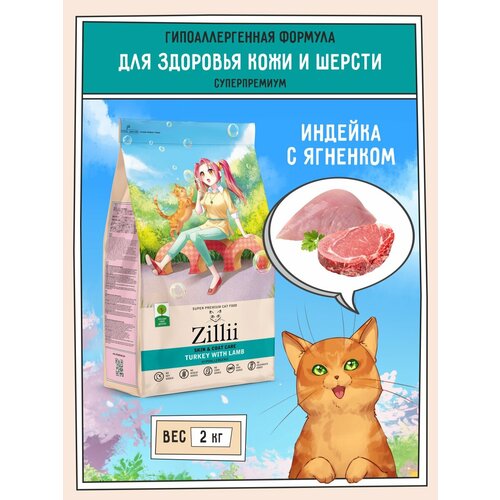 Корм для кошек сухой поддержка здоровья кожи и шерсти, гипоаллергенный ZILLII (Зиллии), 2 кг Индейка с Ягнёнком