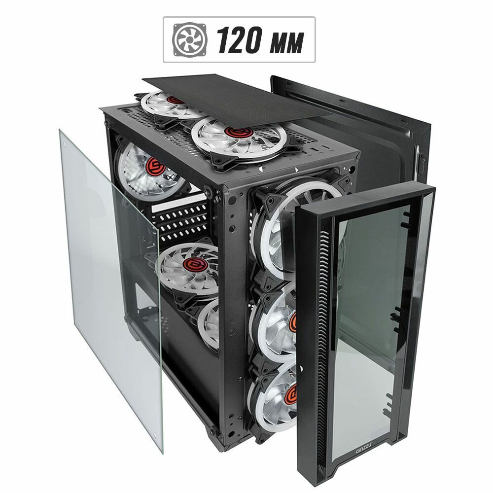 Корпус Ginzzu CL610 mATX 4*12см FAN, закаленное стекло боковая и передняя панель — фото 1
