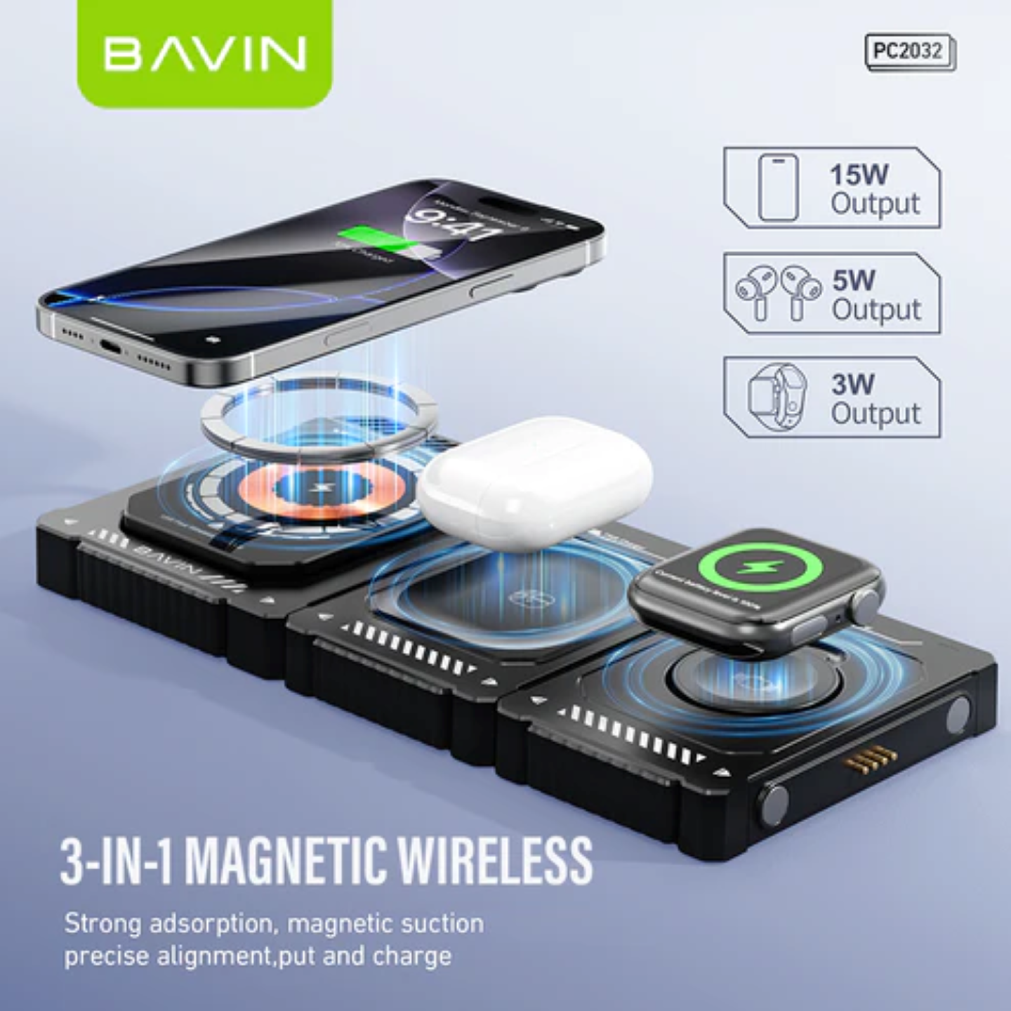 Wireless T29 – 15 Вт 3‑в‑1 беспроводная зарядная станция, магнитное крепление, стильный дизайн