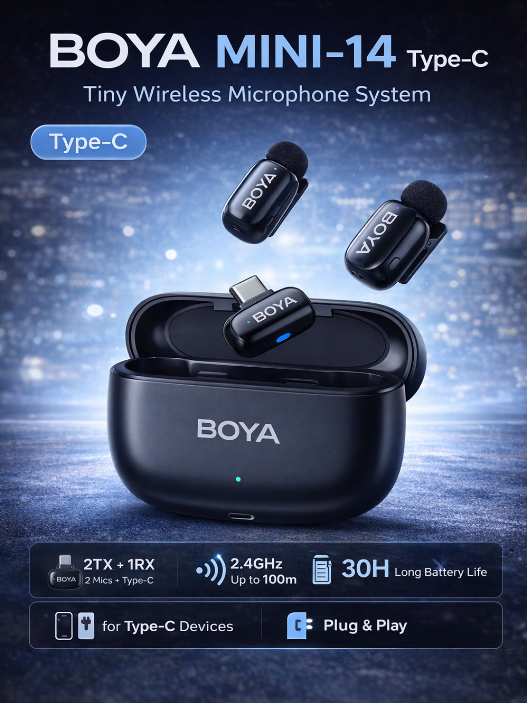 Микрофон BOYA MINI 14, беспроводной, для караоке, интервью, вокала, RGB-подсветкой, черный