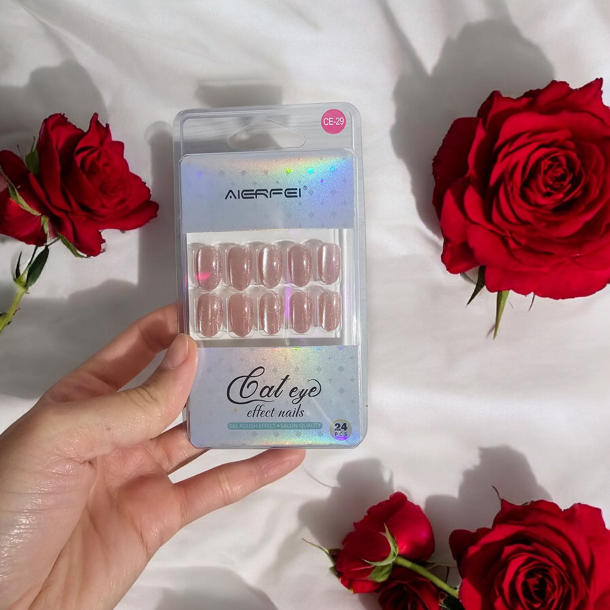 Набор накладных ногтей Кошачий Глаз, 24 шт, с клеевой пластиной, цвет розовый
