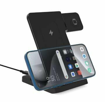 Беспроводная зарядка станция 3 в 1 для телефонов наушников часов. 15W ( черная)