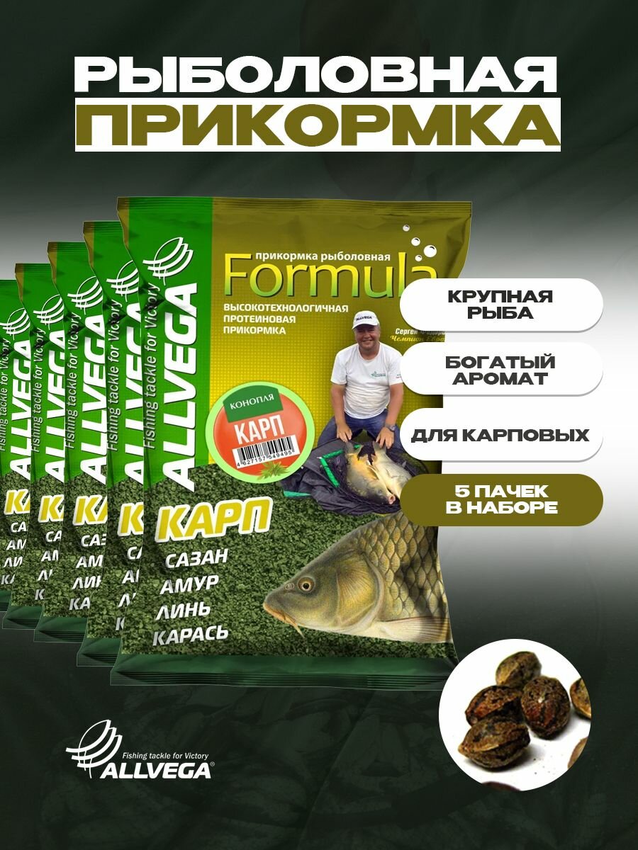 Прикормка для рыбалки ALLVEGA Formula карп HEMP 5 пачек по 0.9 кг