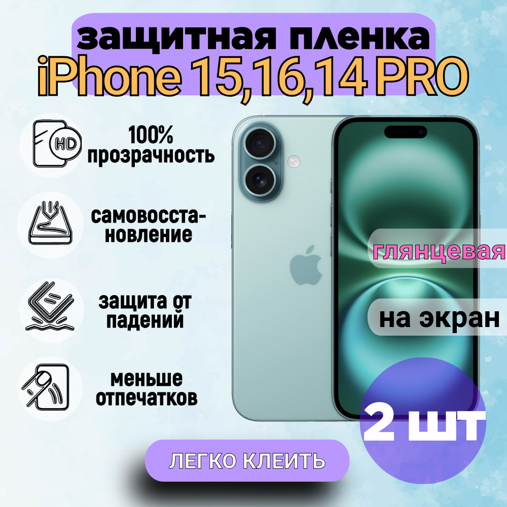 Комплект 2 шт. Гидрогелевая полиуретановая пленка на iPhone 15, iPhone 16, iPhone 14 PRO, глянцевая