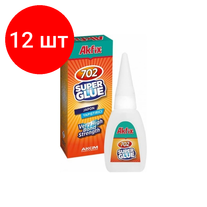 Комплект 12 штук, Клей секундный Akfix 702, 25 гр (GA020)