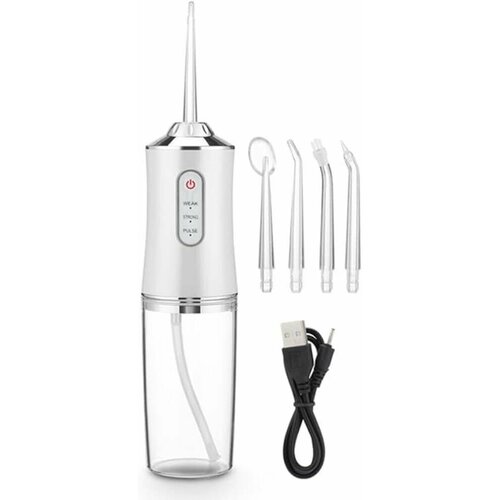 Портативный ирригатор для гигиены полости рта + 4 насадки и 3 режима, белый/ очиститель полости рта
