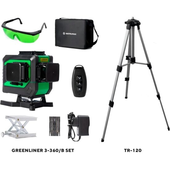 Уровень лазерный Instrumax GREENLINER 3-360/B SET+Штатив телескопический с резьбой 1/4 (5/8) дюйма TR-120 (Комплект)