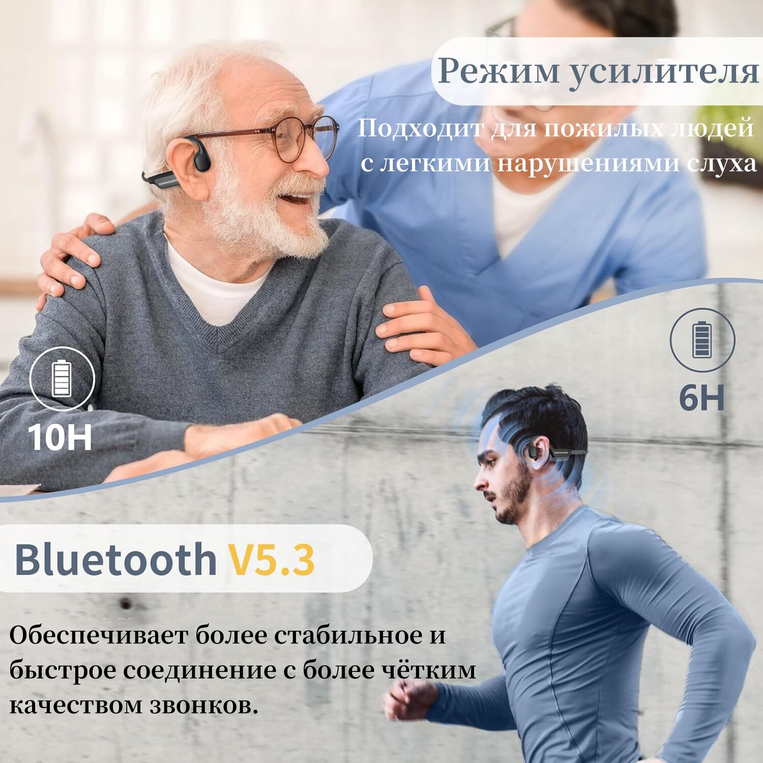 Изображение Слуховой аппарат с костной проводимостью, специально разработанный для пожилых людей.