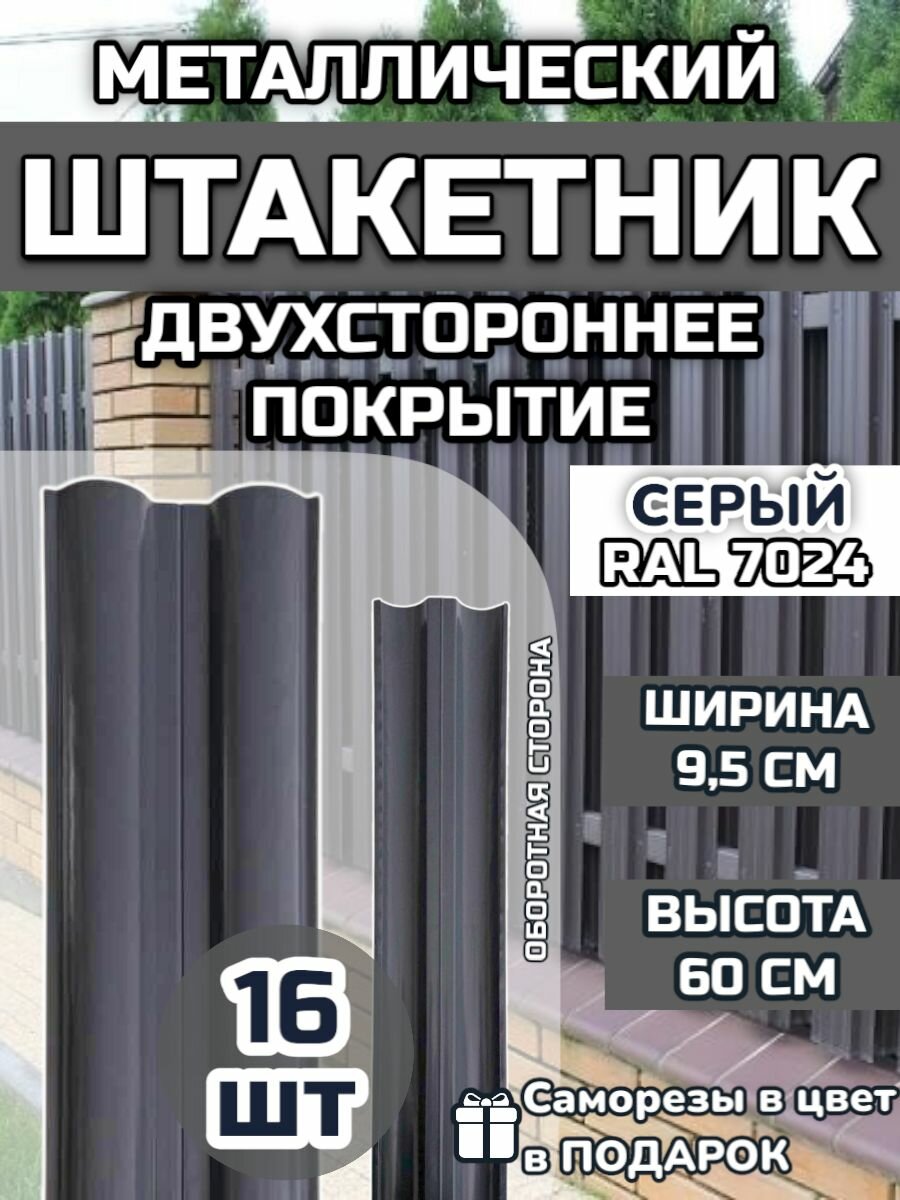 Штакетник металлический прямой (штакет евроштакетник) 16 шт.(крепеж в комплекте) Двухсторонний окрас цвет RAL 7024 Серый высота 0.60 м ширина планки 95мм) Забор