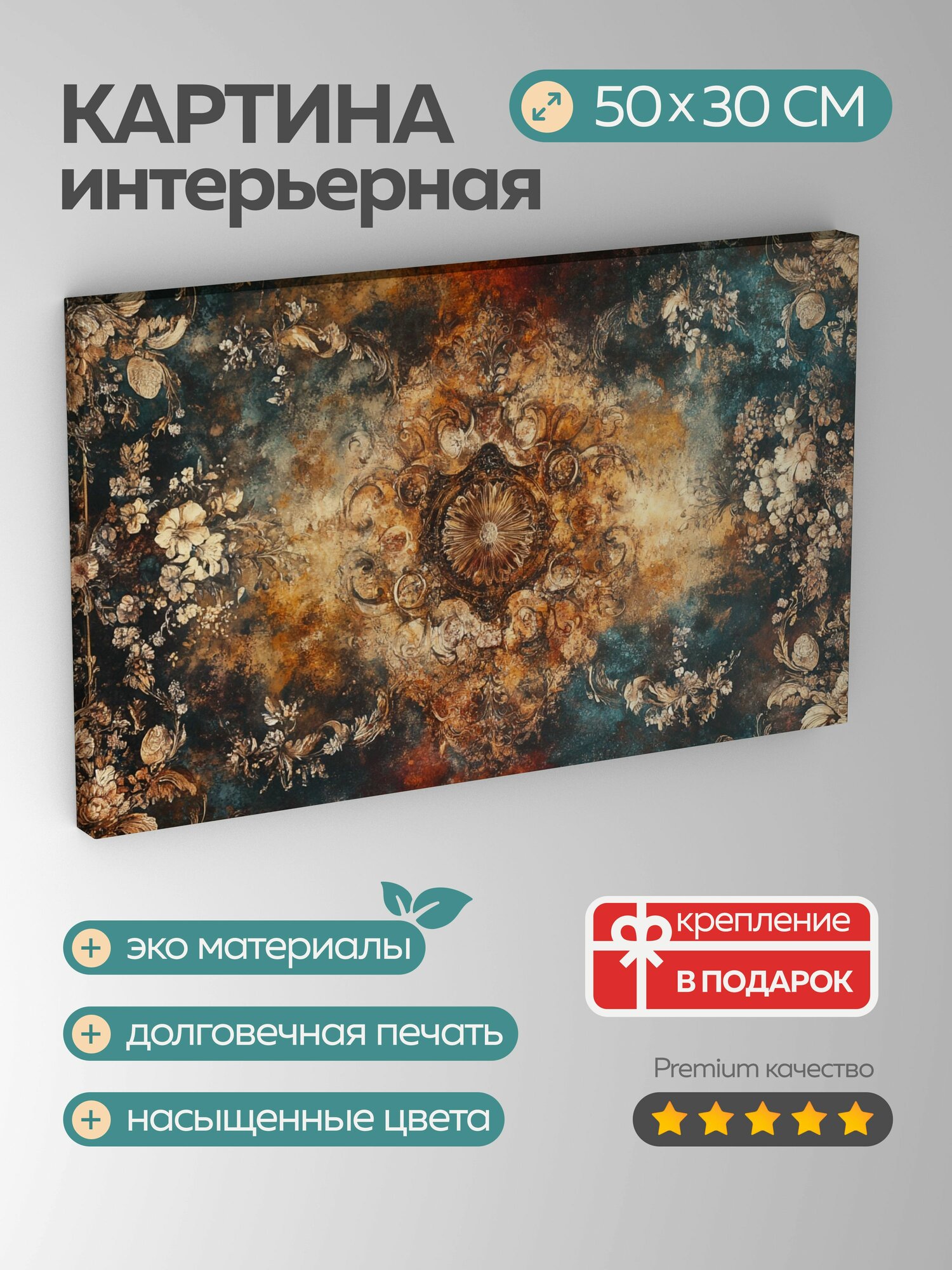 Картина на холсте интерьерная 50х30 см Фреска небесные фигуры цветочные мотивы краски детали Возрождение аура