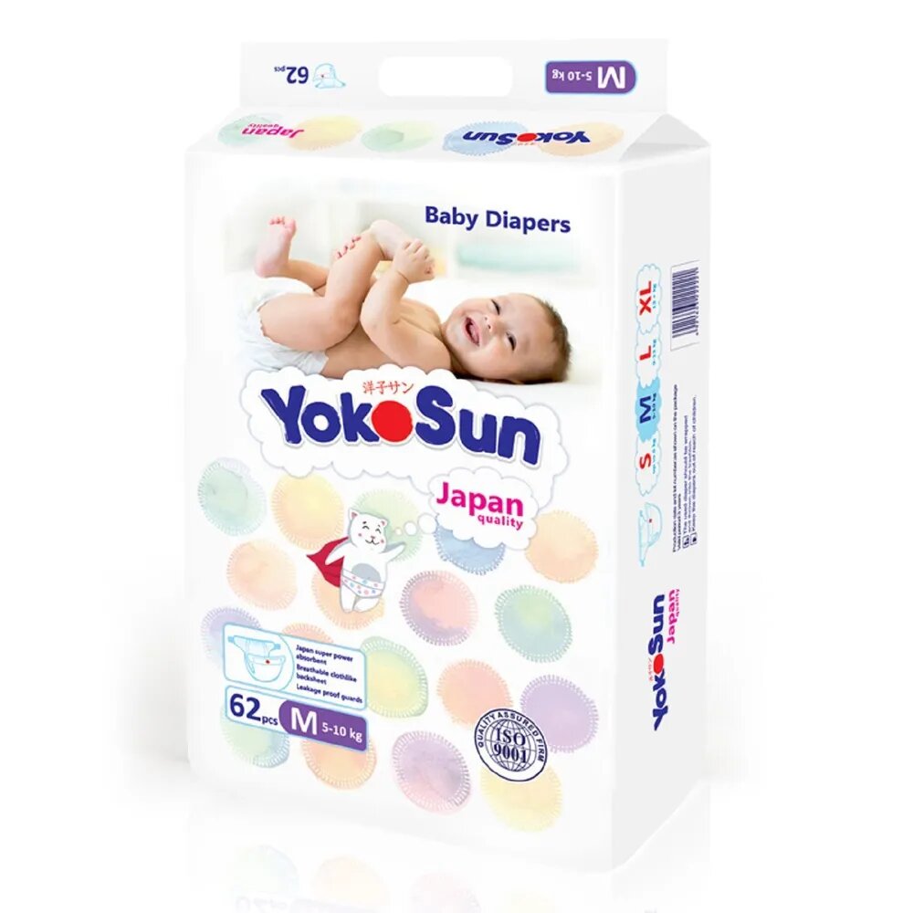 Подгузники YokoSun на липучках, размер М (5-10 кг) в упаковке 62 шт.