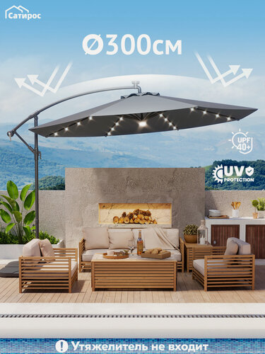 Изображение товара Зонт садовый большой Ø300 см, с LED-подсветкой, UV40+, ткань 210 г/м², Графитовый