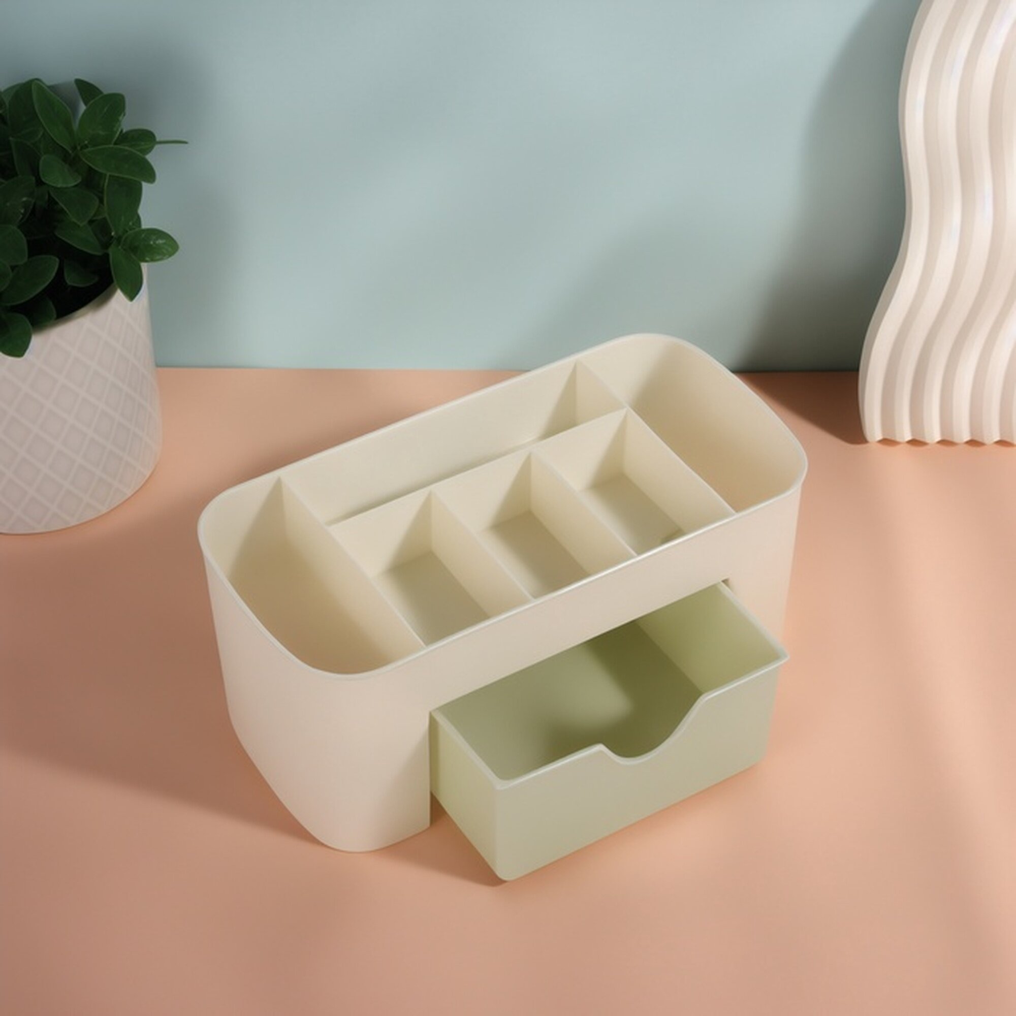 Органайзер для хранения косметики, 6 секций, с ящиком, 21×10.5×9 см, бежевый/зелёный — фото 1
