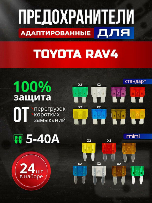 Предохранители для Тойота РАВ4 (Toyota RAV4) / автомобильный набор Мини + Стандарт, 24 штуки с пинцетом / флажковые 5-40 А