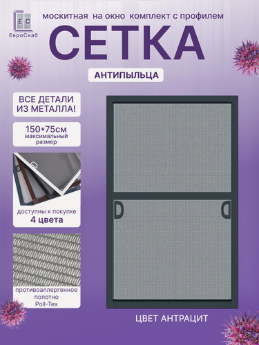 Изображение товара Москитная сетка на окно с креплением, комплект для сборки рамной антимоскитной сетки(Антрацит матовый)+антипыльца