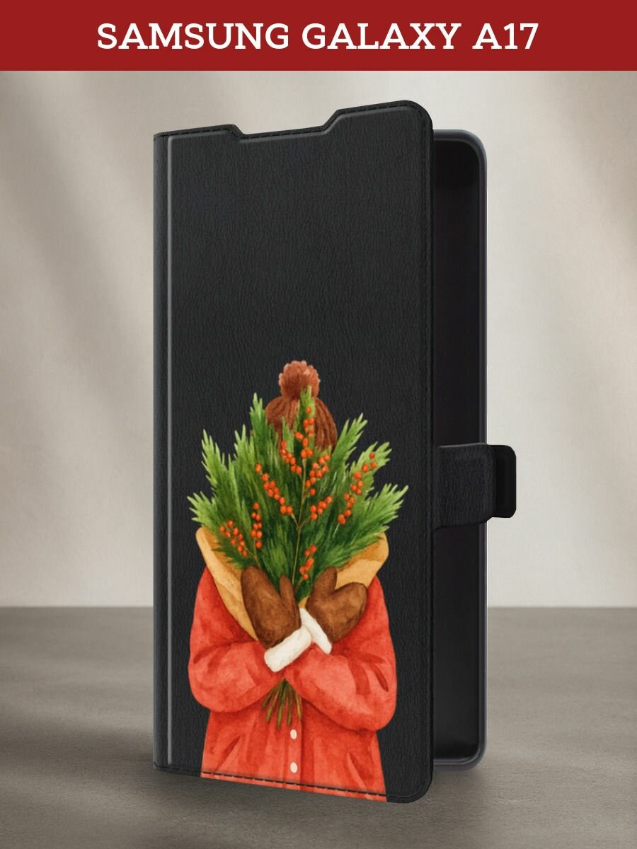 Чехол-книжка на Samsung Galaxy A17 / Самсунг А17 с рисунком Девушка с елочными ветками, черный