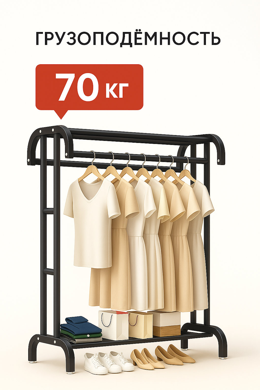 Вешалка напольная для одежды металлическая, чёрная, с полкой для обуви.
