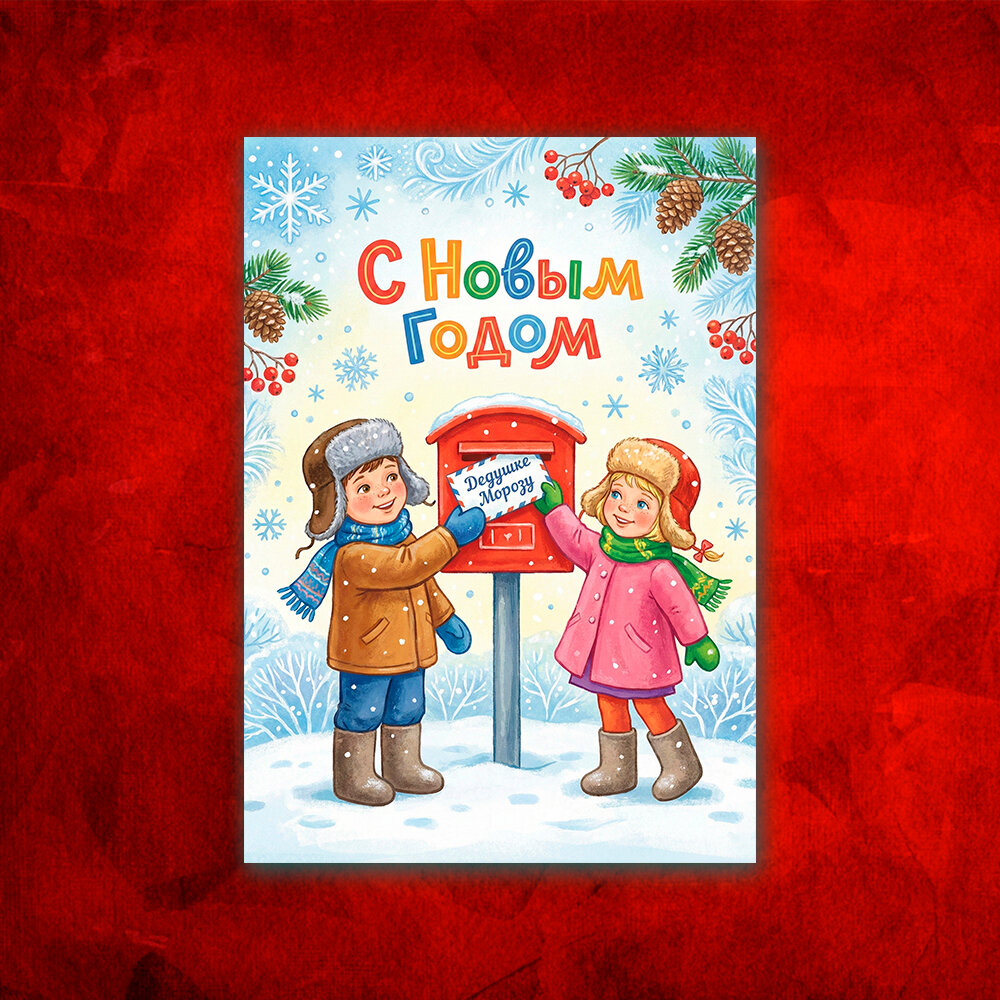 Новогодняя открытка в винтажном стиле, Поздравительная открытка с Новым Годом , красивые яркие принты, формат А5