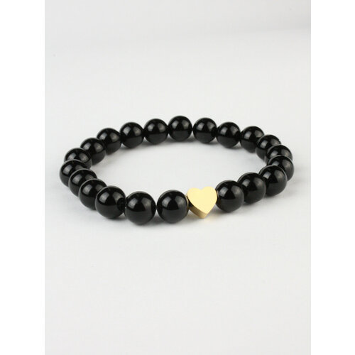 фото Браслет pechinoga design браслет из натурального камня с сердечком, металл, кварц розовый, размер 17 см, размер m, черный, золотой