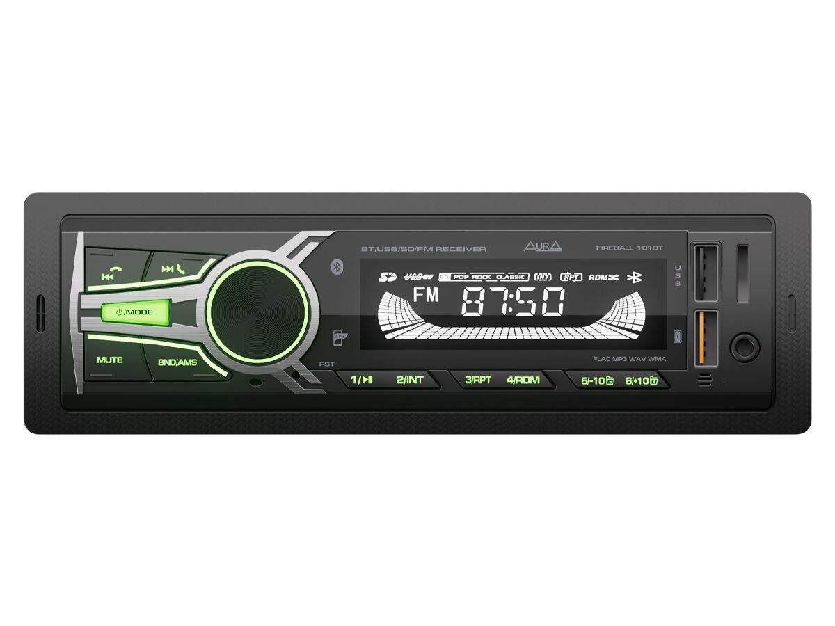 Автомагнитола c BlueTooth AurA FIREBALL-101BT / 2xUSB, зеленая подсветка — фото 1