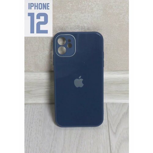 Чехол стеклянный защитный для iPhone 12, цвет темно-синий темный, синий