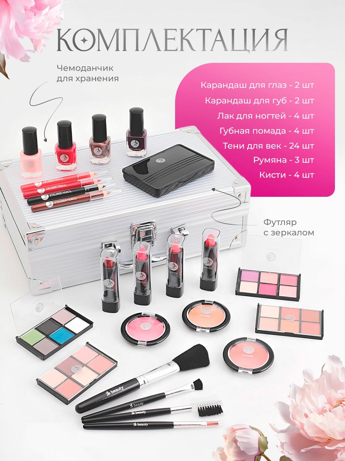 Бьюти бокс / чемоданчик 2K Beauty с косметикой: тени, румяна, помада, лак для ногтей / Подарочный косметический набор №1 — фото 1