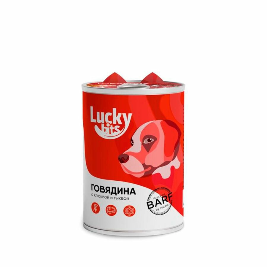 Полнорационный консервированный корм Lucky bits для собак всех пород с 6 месяцев с говядиной, клюквой и тыквой, 400 г