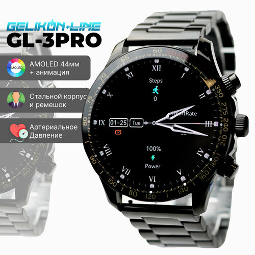 Умные-часы в классическом стиле на металлическом ремешке, давление, звонки, компас, GELIKON LINE GL-3PRO NEW 2024, BLACK PEARL