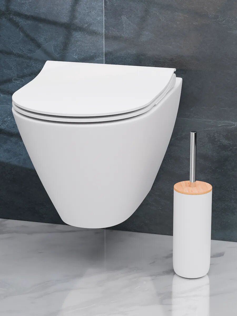 Изображение Ершик туалетный COMFUU Eco Бамбук, напольный, с крышкой и подставкой, белый