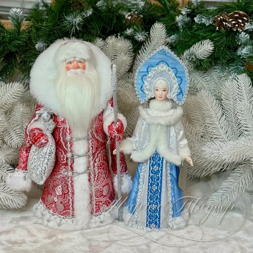 Изображение товара АртМороз Дед мороз и Снегурочка русские 33см; новогодняя игрушка под ёлку; авторская кукла ручной работы