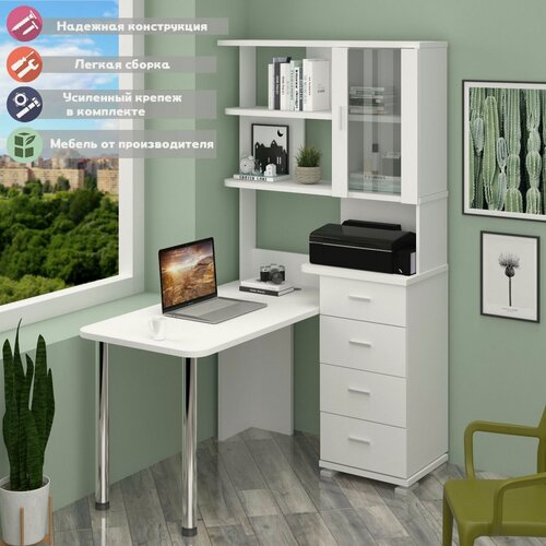 Изображение товара Стол компьютерный Мэрдэс СР-220/130 БЕ Белый, угловой, с полками, с ящиками, 130х109.5х193 см