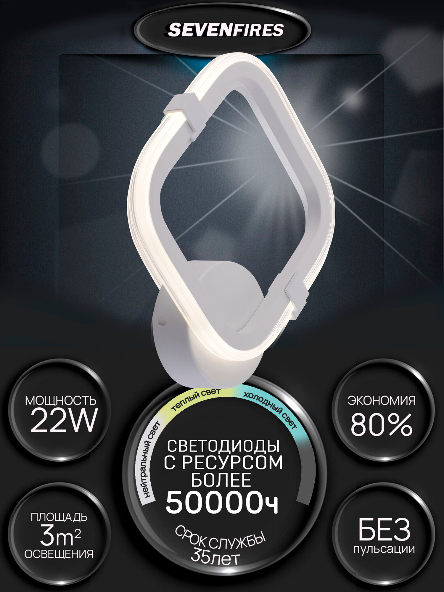 Светильник настенный светодиодный  Бра Семь Огней  белое  до 3 кв  м 