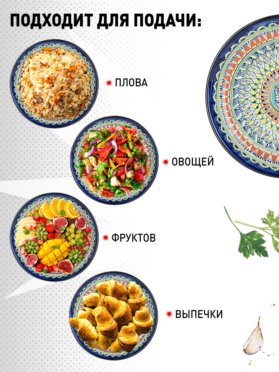 Сервировочное блюдо Ляган "Риштанская Керамика" для плова и восточной кухни, круглая форма, 32 см (Цвет: Синий Орнамент) — фото 1