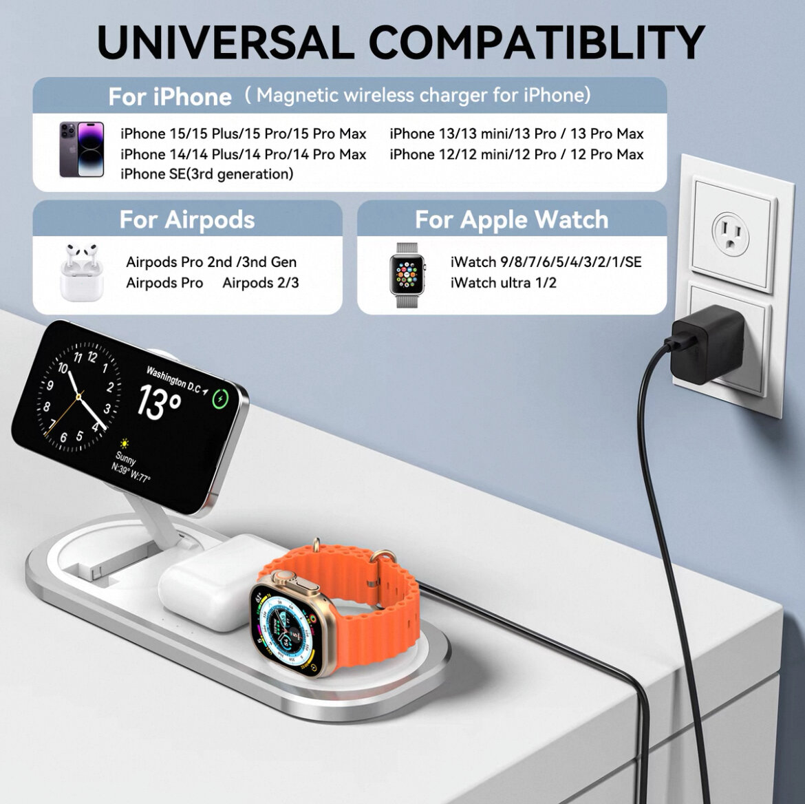 Беспроводная зарядная станция 3в1, зарядка MagSafe для телефона, часов, наушников, портативная зарядка, белый — фото 1