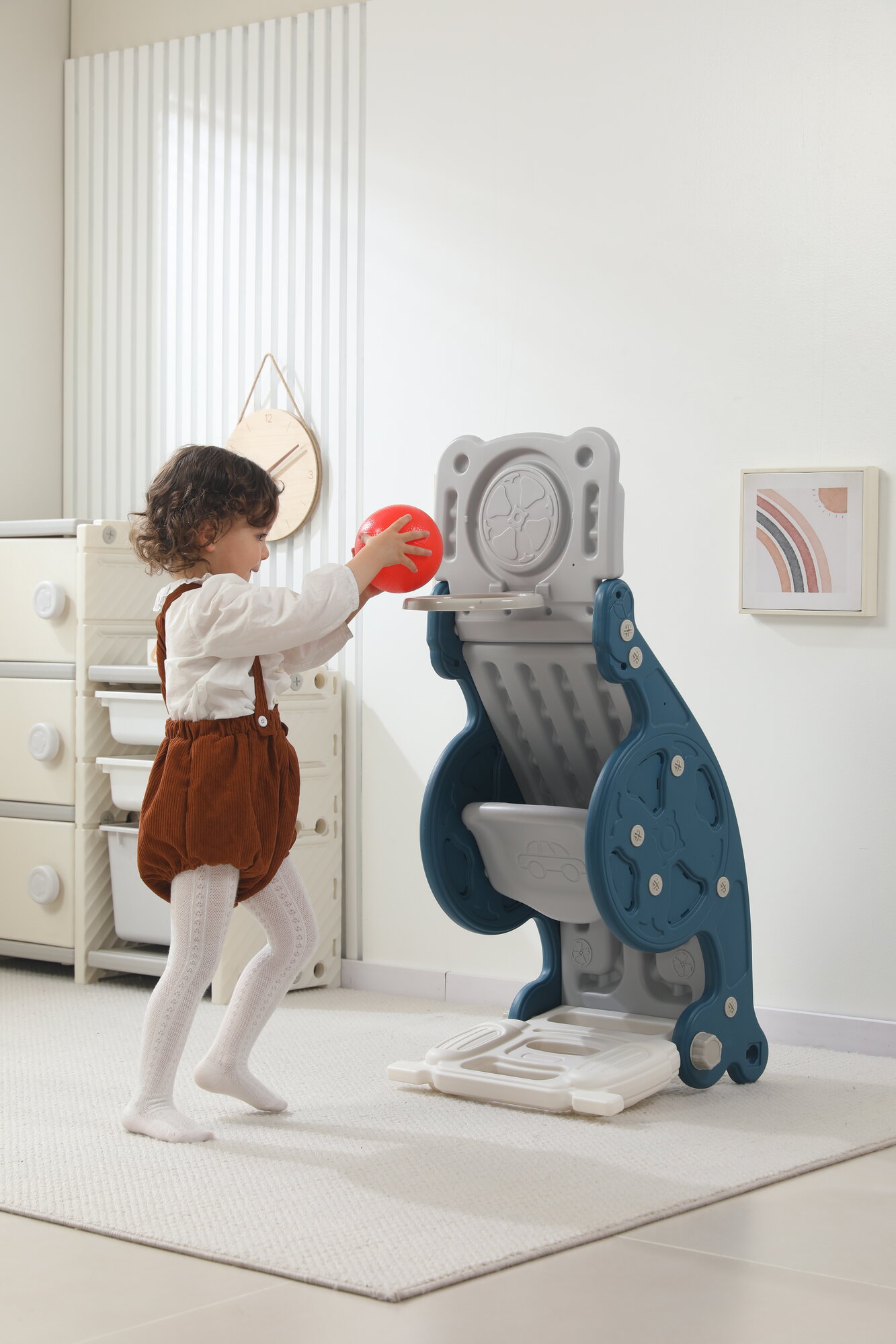Горка-трансформер UNIX Kids Blue пластиковая, качалка-балансир, баскетбольная стойка, для дома, улицы и дачи 100х42х45см — фото 1