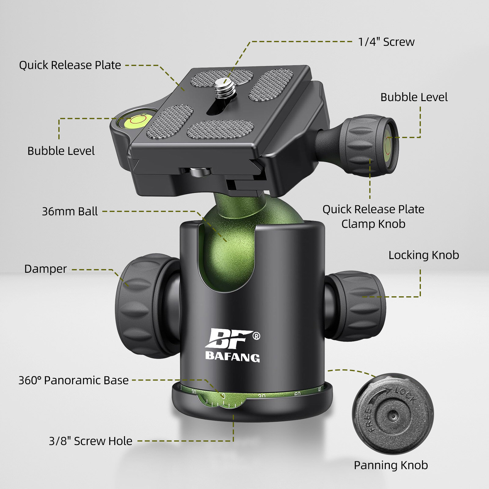 BAFANG Шаровая головка для штатива, панорамная камера на 360°, шаровая головка с быстросъемной площадкой 1/4 дюйма, головка штатива с двойным пузырьковым уровнем для штатива, монопода, слайдера, макс. нагрузка 8 кг/18 фунтов