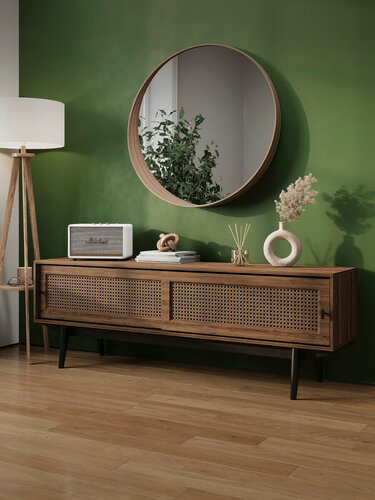 Изображение товара Тумба под телевизор напольная Puzzlemebel Бохо, фасад из плетенного ротанга на ножках, длина 150 см, коричневый