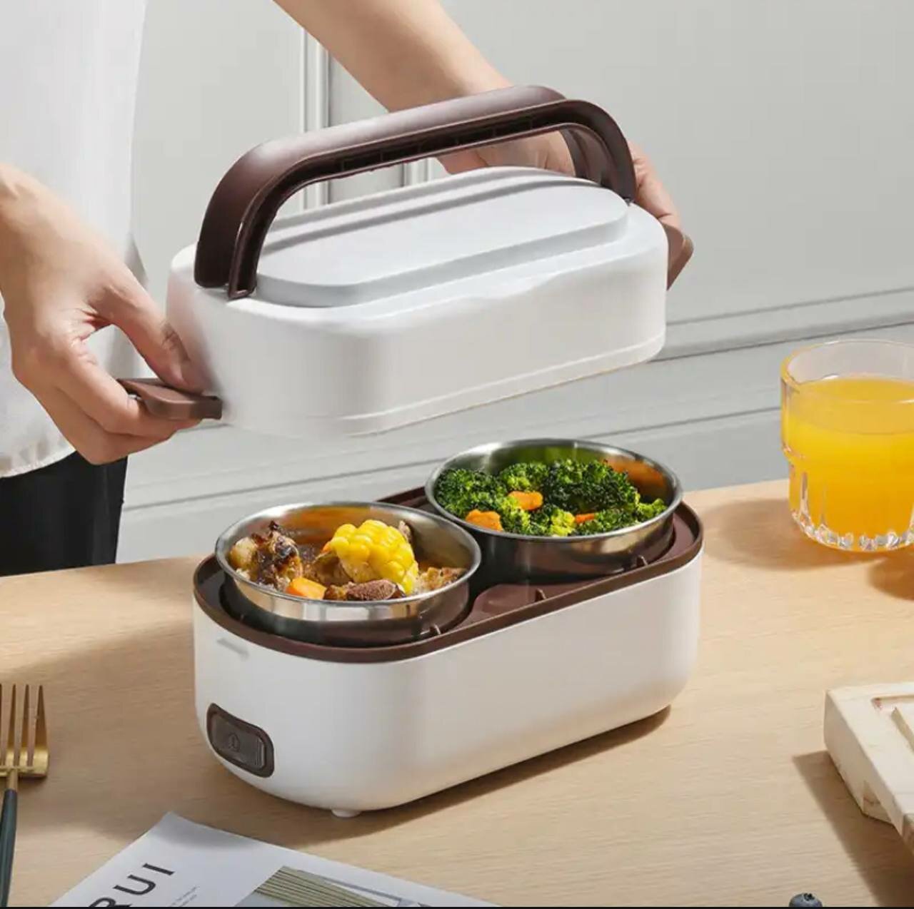 Электрический ланчбокс Cooking Lunch Box 2 Liners, подогрев пищи, 360° нагрев, 2 ёмкости из нержавеющей стали