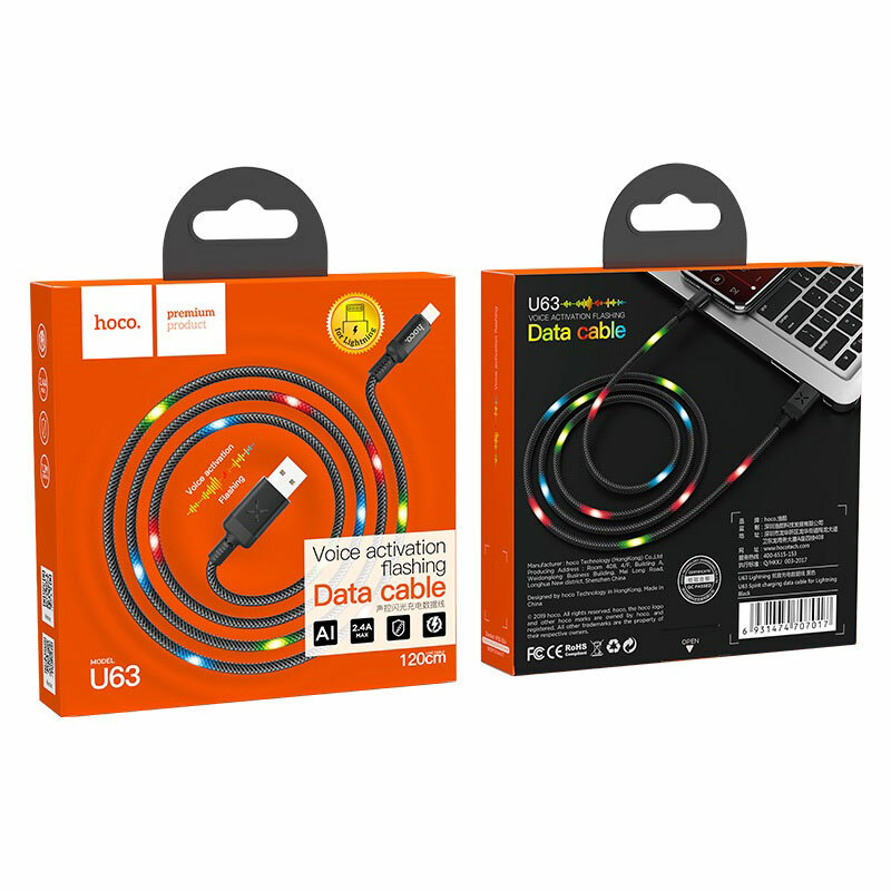 Кабель Hoco U63, для iPhone, плоский, быстрая зарядка, черный