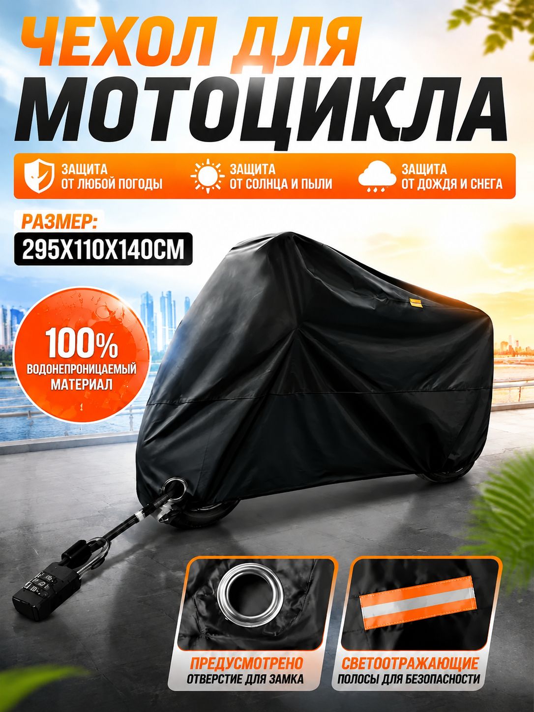 Чехол для мотоцикла водонепроницаемый большой 290х105х140 см, для скутера и мопеда