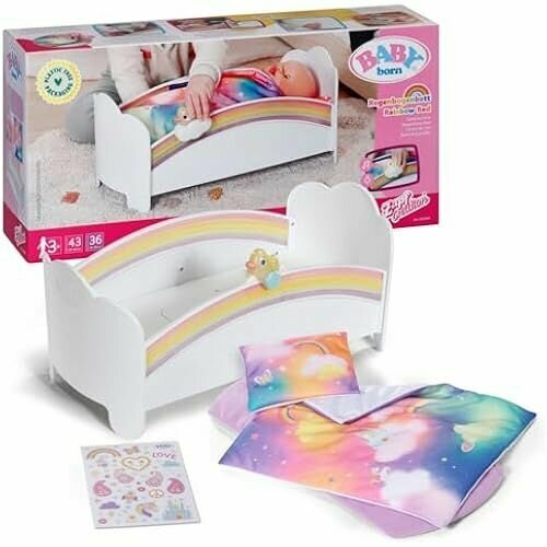 Кроватка BABY Born Zapf Creation Rainbow с радужными огнями и успокаивающей мелодией для сна, в комплект входит двустороннее постельное белье