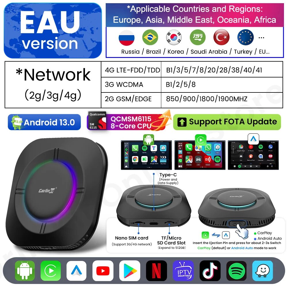 Carlinkit Android 13 S2 Ai Box SM6115 Carplay Беспроводная Android автоматическая поддержка Youtube Netfilx IPTV Spotify Автомобильные интеллектуальные системы, EAU, 4GB RAM 64GB ROM