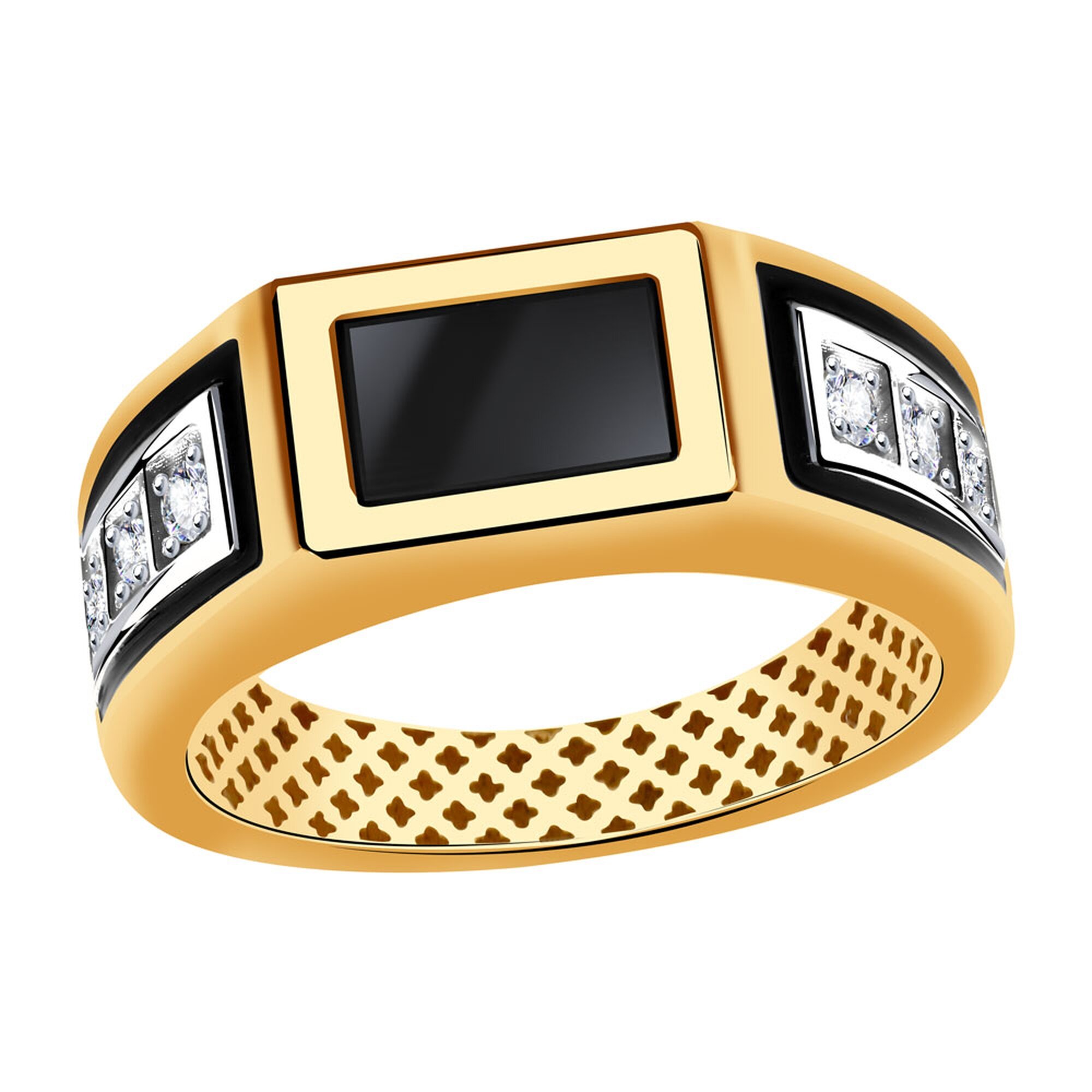 Печатка Diamant online, красное золото, 585 проба, родирование, эмаль, фианит, оникс