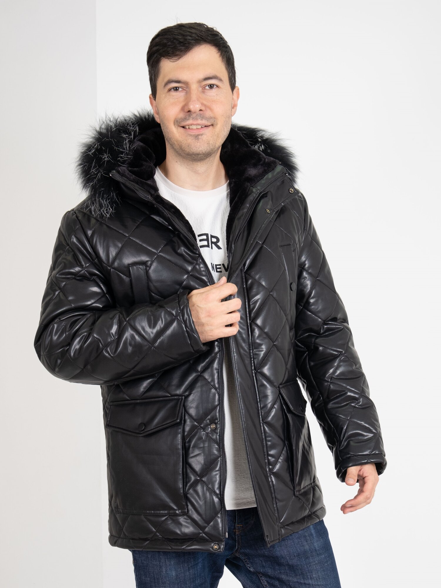 Куртка  Мужская зимняя куртка, размер 60, черная кожа — фото 1