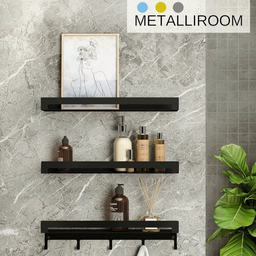Изображение товара Полки Metalliroom, металл, навесные, черные, для ванной, 5 крючков, 3 штуки