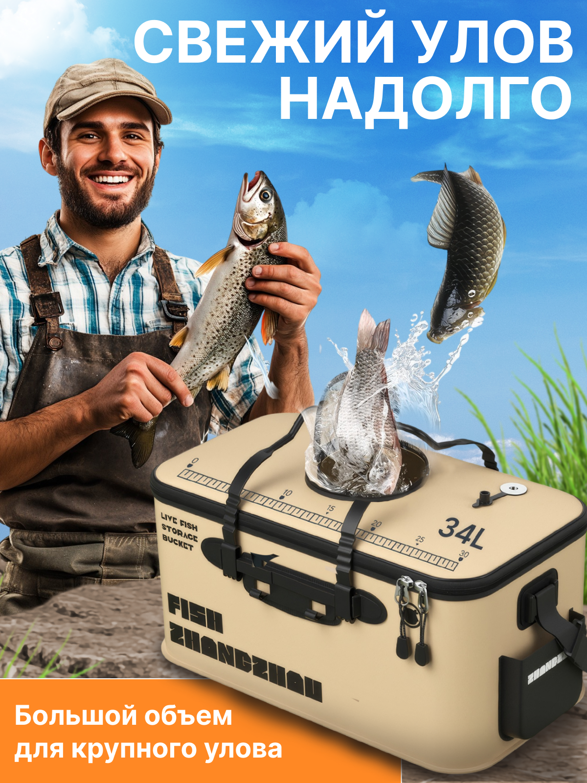 Рыболовная сумка кан для живой рыбы 34 л с кислородным насосом — фото 1