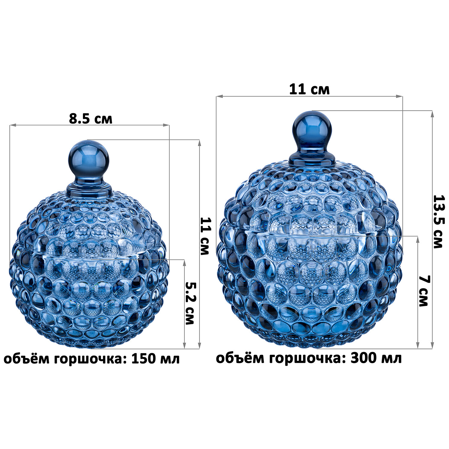 Горшочек для меда, для варенья 2 шт Elan Gallery Пузырьки, 150 мл + 300 мл, синий, набор — фото 1