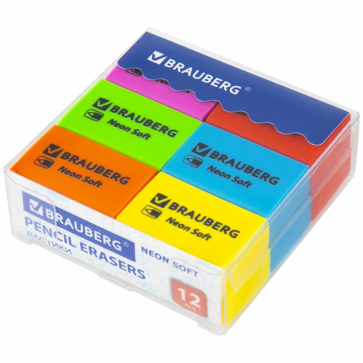 Набор ластиков Brauberg Neon Soft, 31х20х10мм, эко-ПВХ, набор 12шт. (271339), 144 уп.