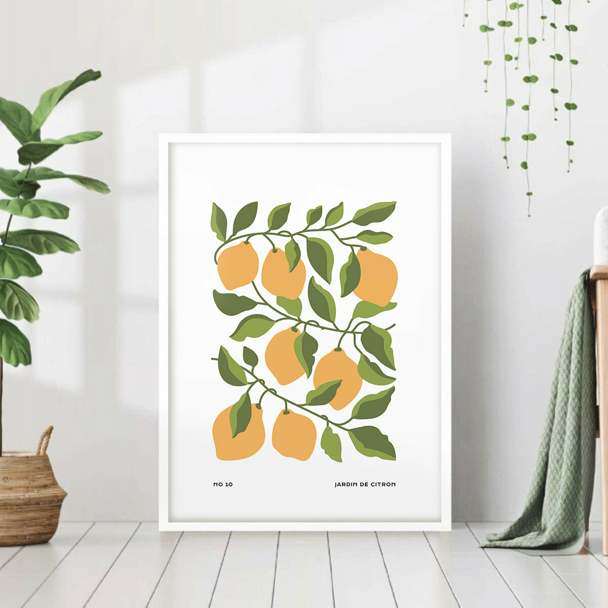 Постер "Лимоны иллюстрация минимализм" в белой рамке 50x70 см для интерьера на стену