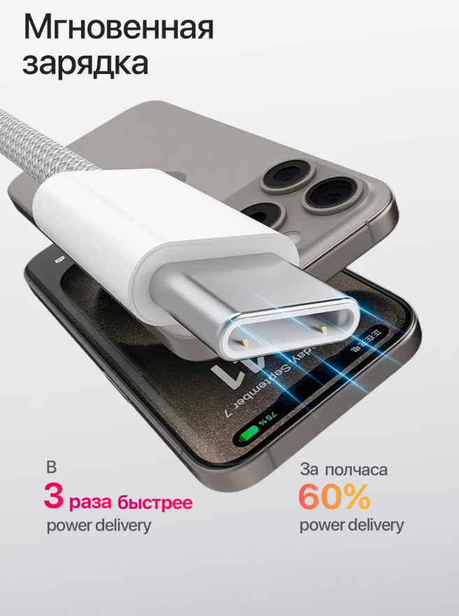Кабель для iPhone 15 и 16, Аndroid/ Type-C to Type-C/Быстрая зарядка/ Белый/ — фото 1